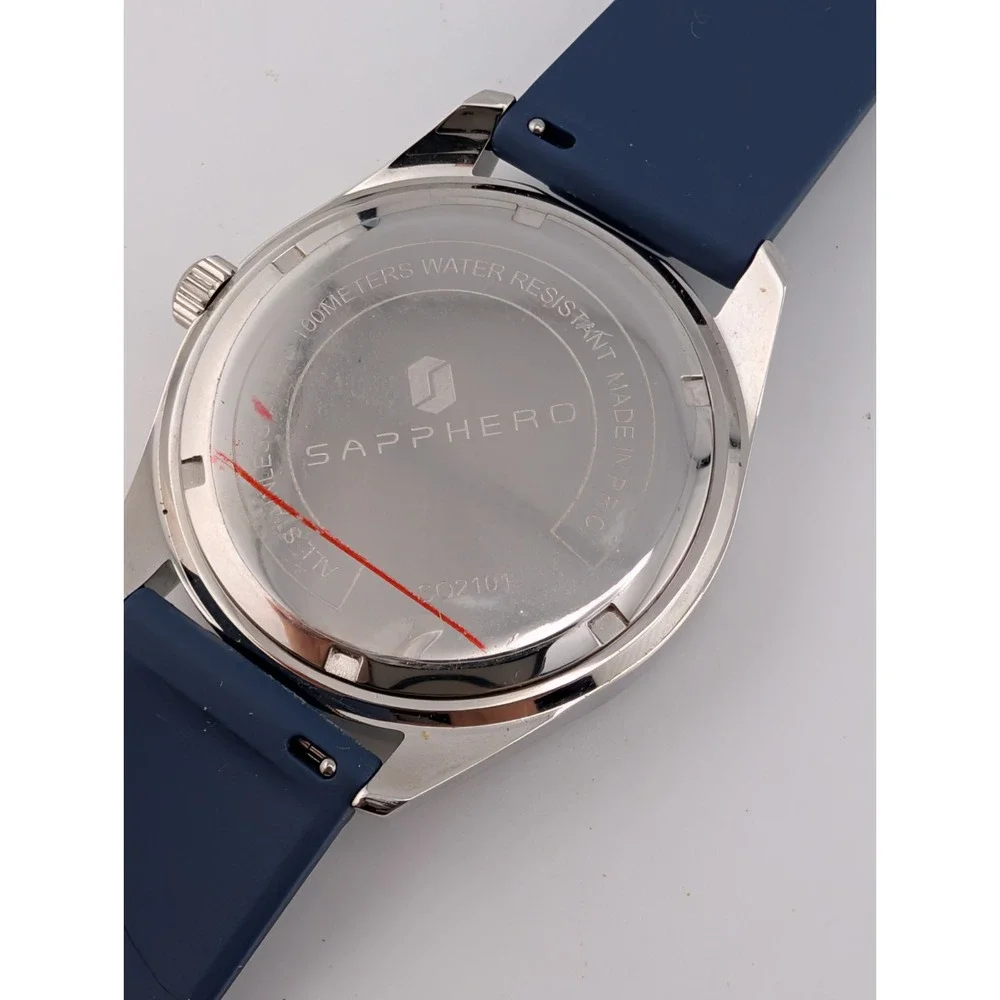 SAPPHERO Men's Quartz Watch 44mm Silver Case Blue Silicone Band- New Battery